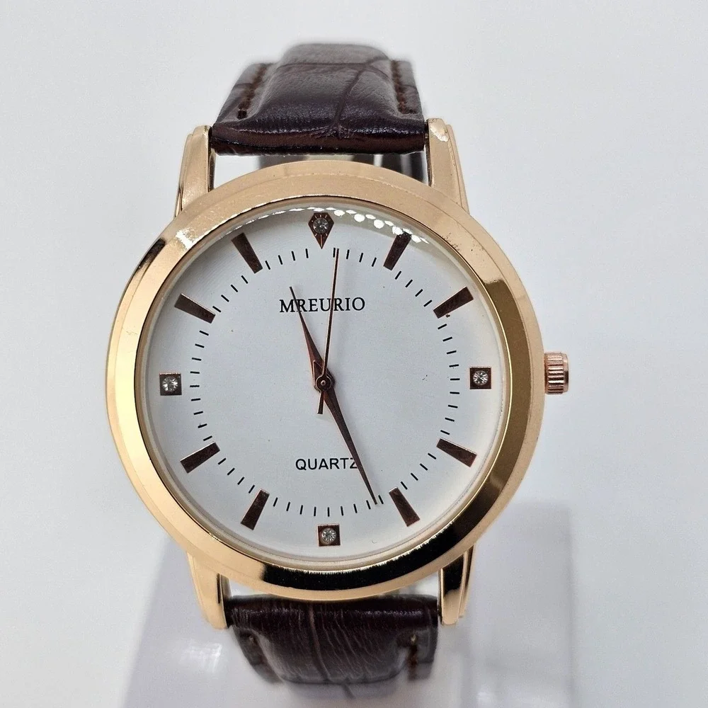 Men's‎ Watch 40MM White Gold Case Dial Brown Leather Bands New Battery